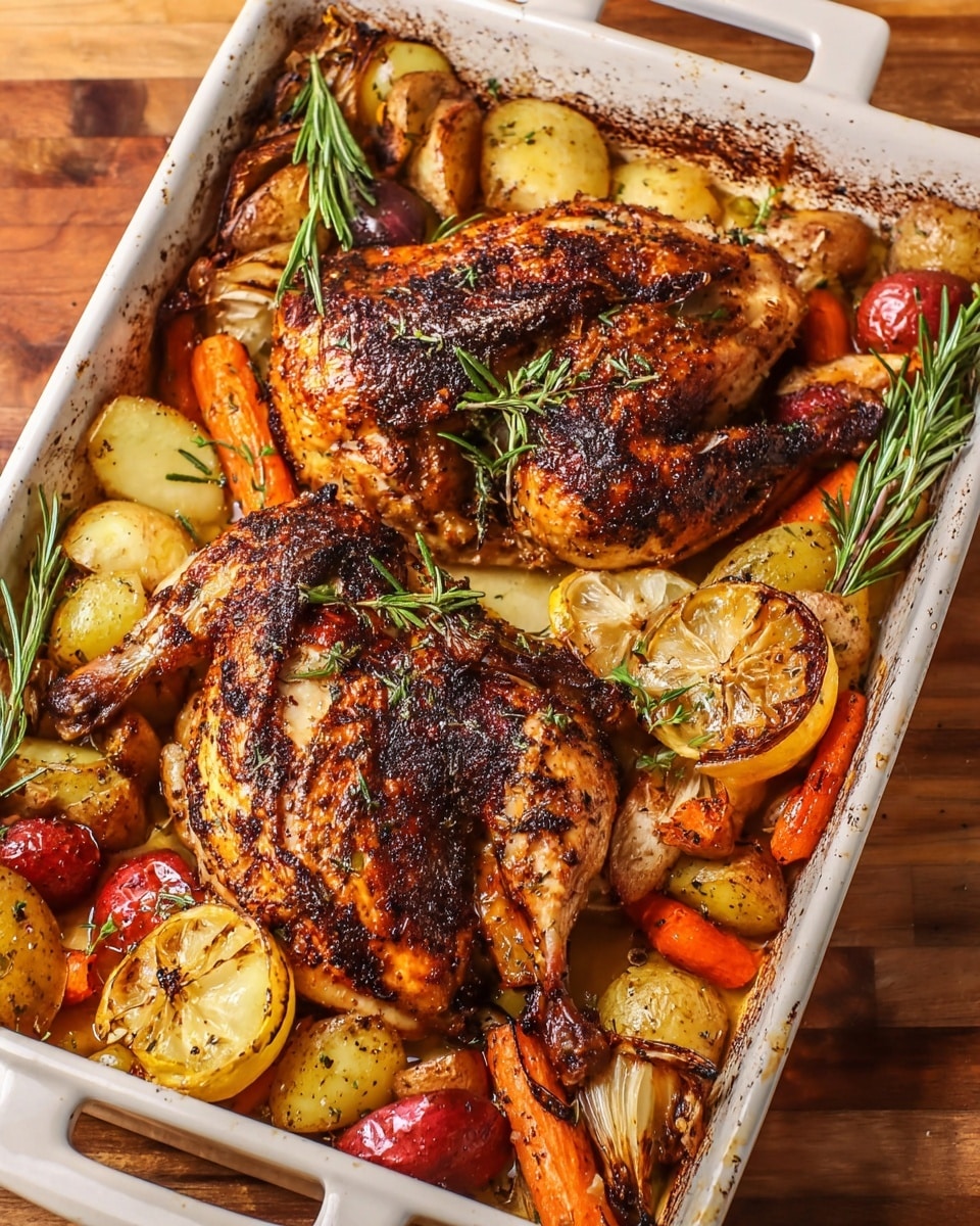 A whole roasted chicken with a rich, dark brown, slightly charred skin sits on top of a bed of golden roasted potatoes and carrots inside a metal tray. The chicken is garnished with sprigs of fresh green rosemary, and a halved bright yellow lemon is placed under the chicken near its wing. The vegetables beneath have a crispy texture, showing a range of warm colors from orange to light brown. The metal tray is placed on a white marbled surface. Photo taken with an iphone --ar 4:5 --v 7