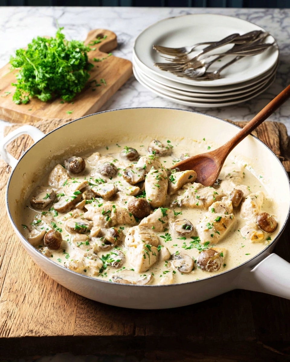 A white pot filled with a creamy light beige sauce containing many small pieces of white cooked meat and whole small brown mushrooms scattered evenly throughout. The dish is garnished with finely chopped green herbs in the center. The pot sits on a wooden surface next to a light wooden cutting board with a bunch of fresh green parsley and a knife, along with some silver and white kitchen tools in the background. photo taken with an iphone --ar 4:5 --v 7