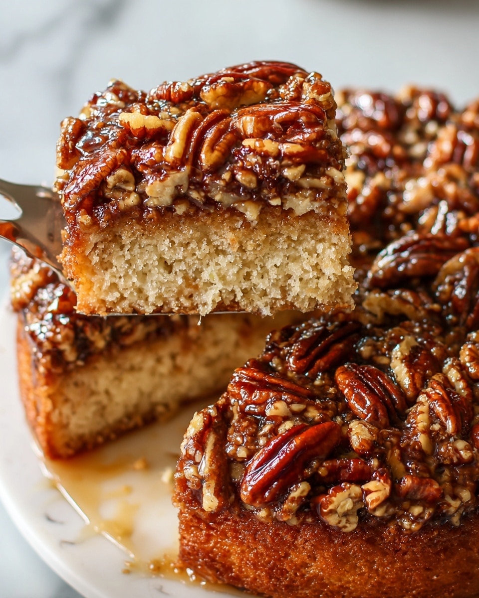 The image shows a close-up of a slice of nut cake being lifted from a whole cake. The cake has two layers: the bottom layer is light golden brown, soft and moist with a crumbly texture, while the top layer is thickly covered with shiny, dark caramel-coated nuts including pecans and walnuts, giving it a textured, rich look. The cake is on a white plate with a white marbled surface in the background. The slice being lifted reveals the contrast between the dense nut topping and the soft cake base. Photo taken with an iphone --ar 4:5 --v 7