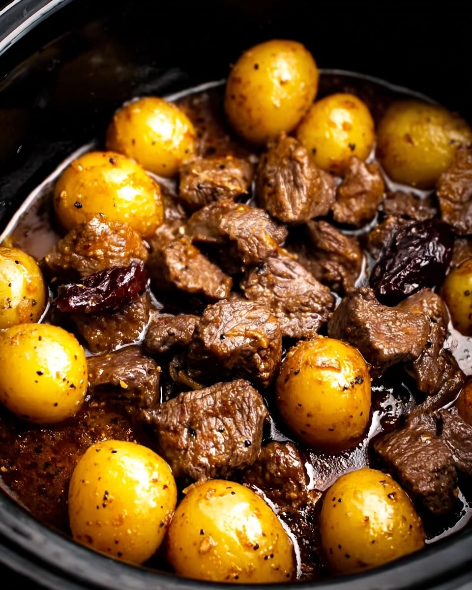 The image shows a close-up of a dark pot filled with small golden-brown potatoes and dark brown pieces of cooked meat. The meat chunks have a textured, seared surface with some light glistening from the juices, and there are small bits of fresh green herbs scattered on top. The potatoes are smooth and shiny, showing light reflections, and are mixed evenly with the meat each piece clearly visible. The background inside the pot is glossy black, making the food stand out clearly. photo taken with an iphone --ar 4:5 --v 7