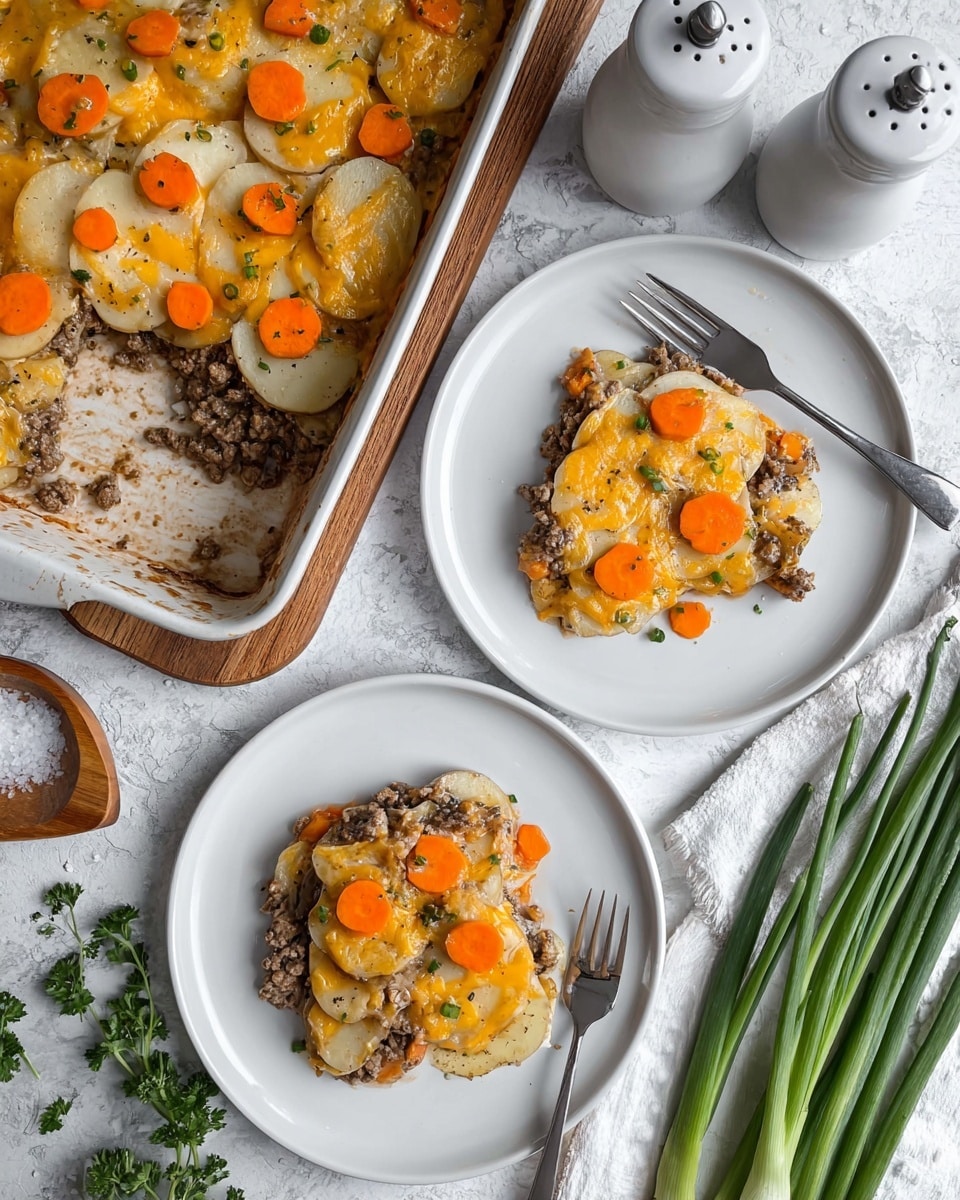This close-up image shows a dish with multiple layers: the bottom layer is thin slices of cooked potato that are light beige with a soft texture, topped with a thick layer of ground beef that is brown and crumbly. Over the beef layer, there is melted orange-yellow cheese spread evenly, blending with the other ingredients. Bright orange carrot slices are scattered on top, adding contrast and texture. A wooden spoon lifts a serving from the dish, showing a mix of all these layers together. The dish is presented against a white marbled texture. Photo taken with an iphone --ar 4:5 --v 7