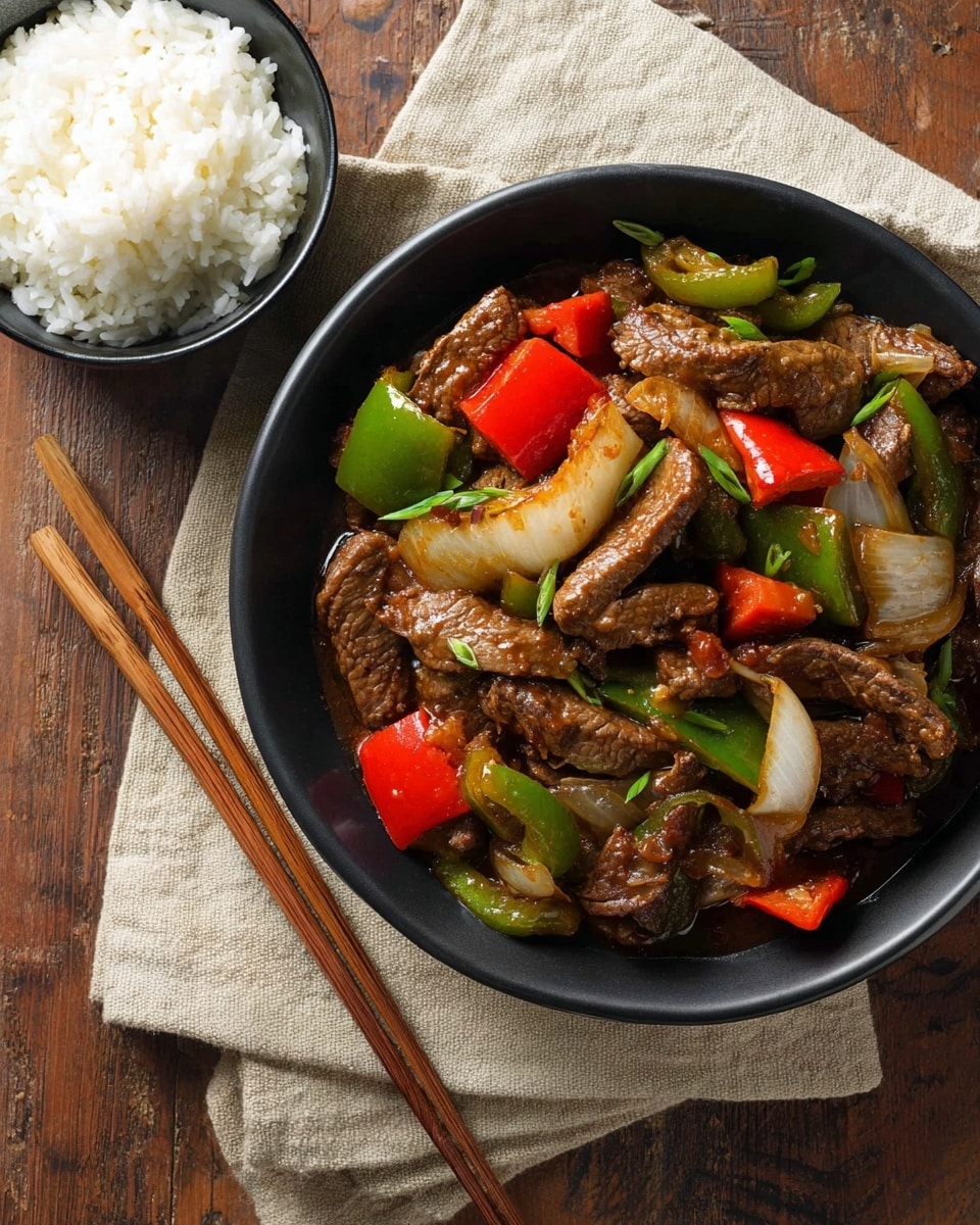 The dish shows a single layer of stir-fried beef pieces mixed with large chunks of green and red bell peppers and slices of white onion, all coated in a glossy dark brown sauce. The beef looks tender and irregularly shaped, scattered evenly with the vegetables. This mix is served in a white bowl placed on a soft beige cloth, all on a white marbled surface. A pair of wooden chopsticks lies next to the bowl on the cloth. photo taken with an iphone --ar 4:5 --v 7
