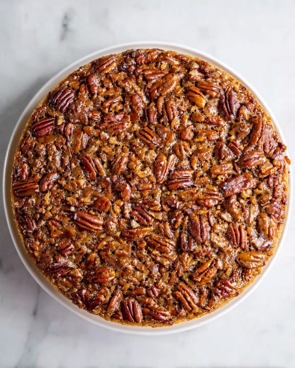 A round pecan pie is shown from above on a white plate, sitting on a white marbled surface. The top layer is completely covered with glossy, toasted pecan halves, tightly packed and evenly spread. The pie crust is thin and slightly visible around the edges, golden brown in color. The texture of the pecans is crunchy with some small cracks visible in the filling underneath. photo taken with an iphone --ar 4:5 --v 7