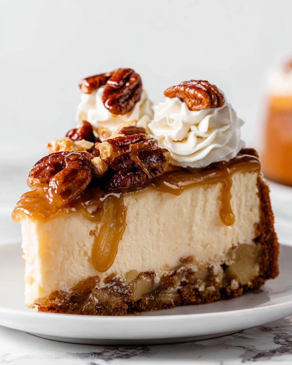 A pecan pie with three visible layers: the bottom layer is a golden brown crust, the middle layer is a smooth, light brown filling, and the top layer is a glossy dark caramel with whole pecans scattered all over. The pie is decorated with evenly spaced white whipped cream swirls around the edge. One slice is slightly pulled out, showing the thick filling and pecan topping inside. The pie sits on a white marbled surface, with a white pie server holding the slice. photo taken with an iphone --ar 4:5 --v 7