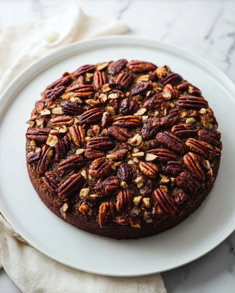 A single-layer round cake with a dark brown color, fully covered on top with a thick layer of whole and halved pecan nuts that are rich brown with some lighter beige pieces, placed on a smooth white plate. The cake surface looks slightly rough and textured under the nuts. The background is a white marbled texture with a cream-colored cloth partially visible next to the plate. photo taken with an iphone --ar 4:5 --v 7