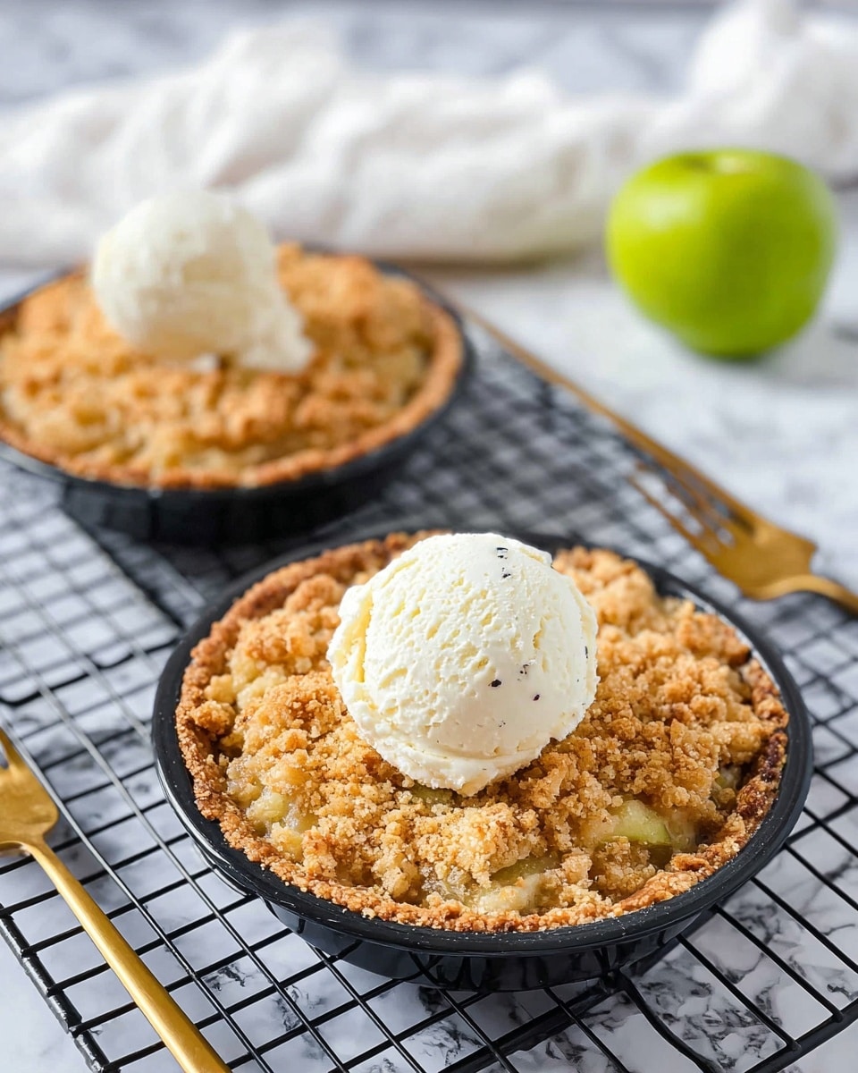 The image shows two small round pies with a crumbly, golden brown topping, each in a black dish. The pie in the front has a large scoop of creamy white vanilla ice cream on top, with tiny black vanilla specks visible. The crumb topping looks crunchy and uneven, covering a darker brown crust edge around the pie. Behind the pies, there is a green apple and a white cloth, all set on a white marbled surface with a black cooling rack underneath. A golden fork lies next to the pie with ice cream. The photo taken with an iphone --ar 4:5 --v 7
