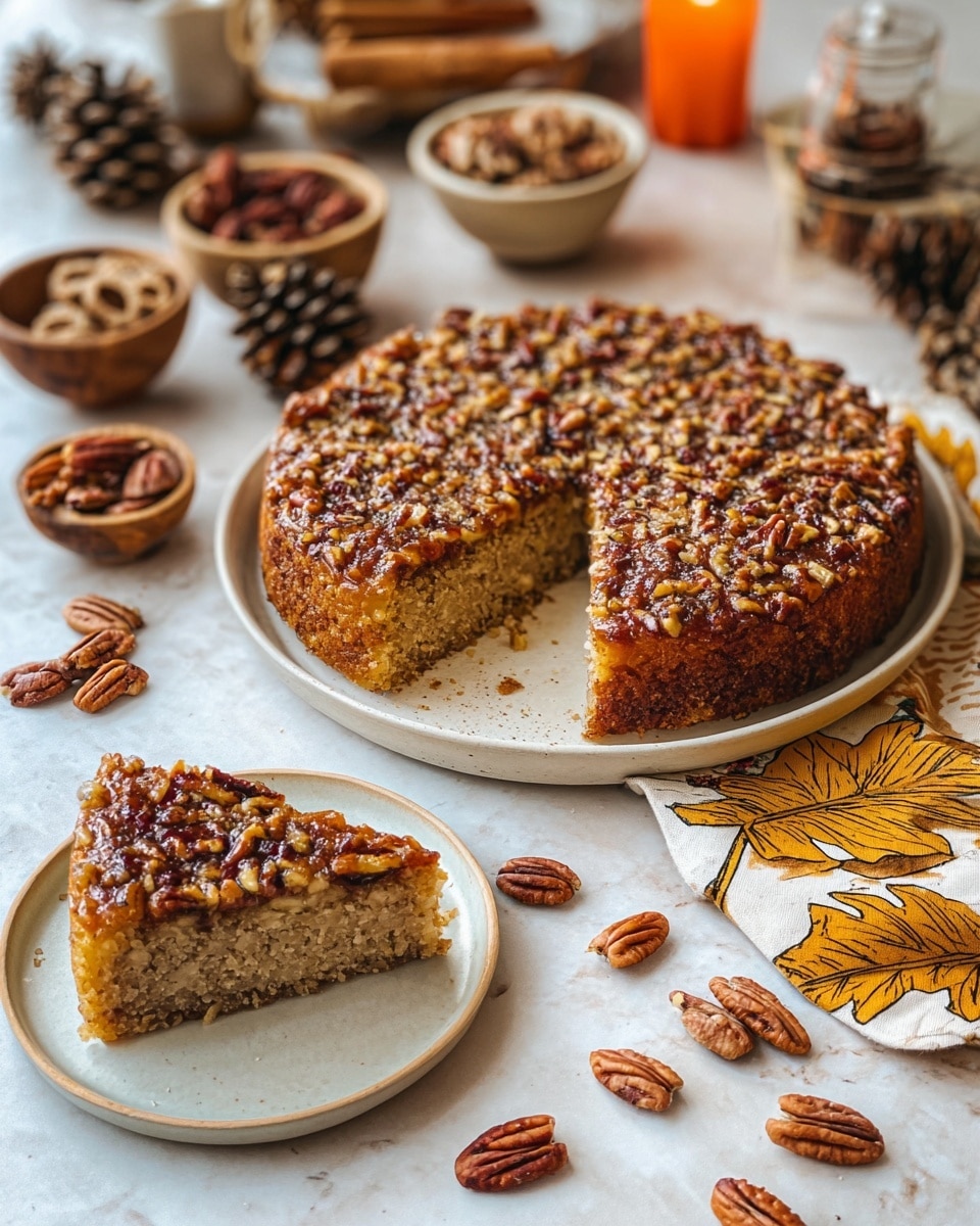 The image shows a round cake with one slice missing, placed on a white plate. The cake has two layers: the bottom layer is light brown and spongy with small bits inside, and the top layer is a golden-brown glossy nut topping with chopped nuts spread evenly. Around the plate are scattered whole pecans and a piece of cloth with yellow and brown fall leaf patterns. In the blurred background, there are small beige and brown bowls filled with whole pecans, cinnamon sticks in a jar, pine cones on a white plate, and a small orange candle, all on a white marbled surface. photo taken with an iphone --ar 4:5 --v 7