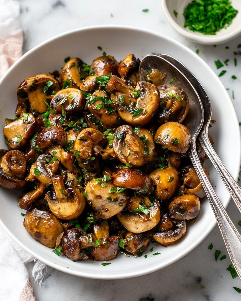 A white bowl filled with cooked mushroom pieces, each piece browned and glossy, showing different sizes and shapes. The mushrooms are sprinkled with finely chopped green herbs, adding small pops of color. Two silver serving spoons rest inside the bowl, angled towards the center, with reflective surfaces. The bowl sits on a white marbled surface, and a small white bowl with more green herbs is blurred in the background. photo taken with an iphone --ar 4:5 --v 7