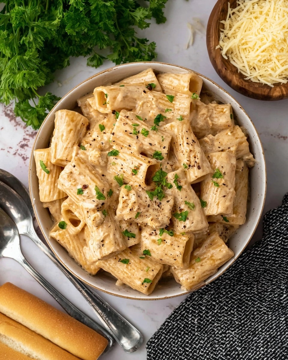 A bowl filled with creamy rigatoni pasta coated in a light beige sauce with small specks of black pepper and herbs, garnished with small green parsley leaves scattered on top. The rigatoni has a slightly ridged texture and is mixed evenly with the thick sauce. Around the bowl, fresh bright green parsley, a small pile of shredded cheese in a wooden dish, and three light brown breadsticks on a white marbled surface with a black and white cloth are visible. Two silver spoons rest beside the bowl. Photo taken with an iphone --ar 4:5 --v 7