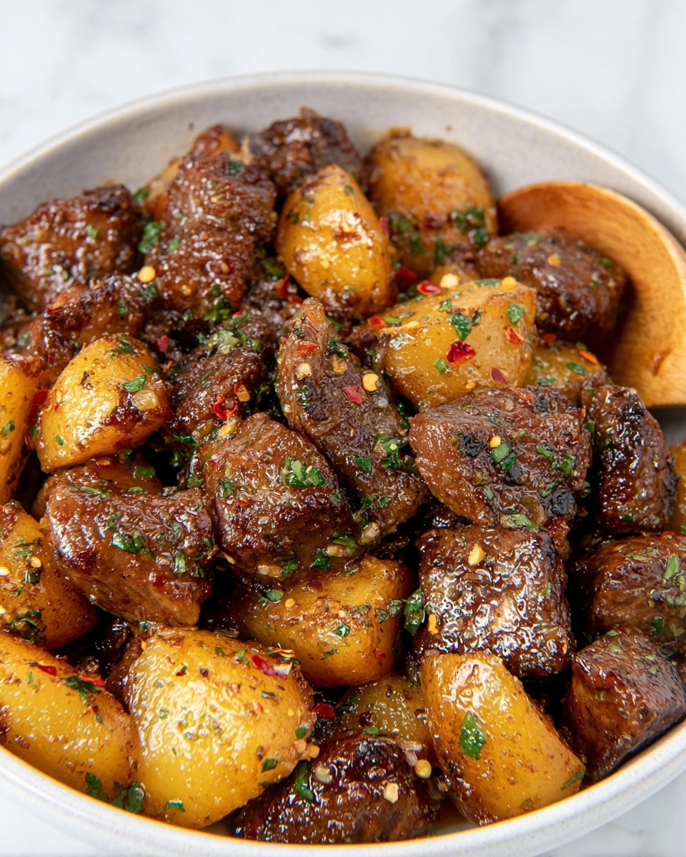 A close-up of a blue bowl filled with cooked food on a white marbled surface. The dish has two main layers mixed together: golden-brown roasted potato chunks with a slightly crisp surface and dark brown seared meat cubes with a textured, charred look. Both layers are scattered with small green herb pieces on top, adding a fresh color contrast. The bowl is full, and the food looks warm and well-seasoned. photo taken with an iphone --ar 4:5 --v 7
