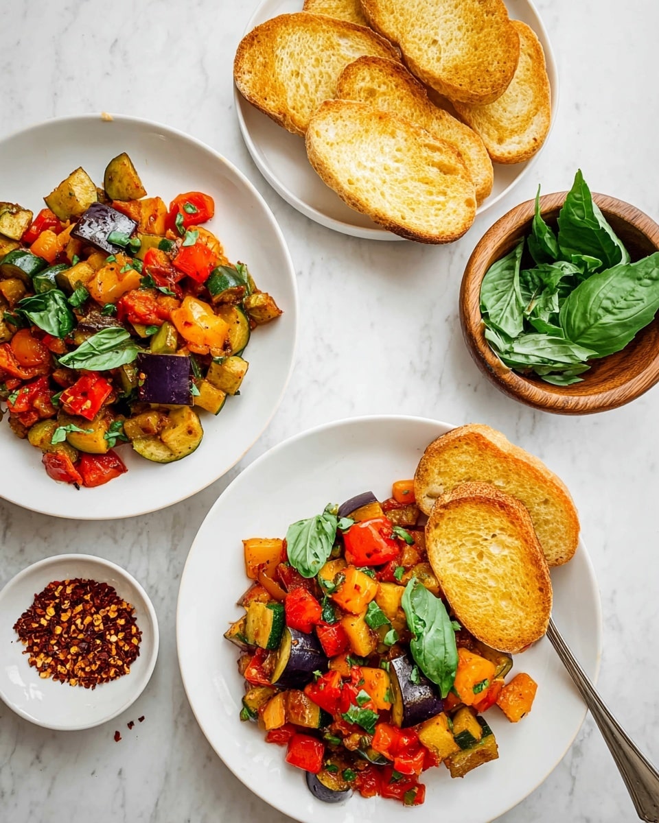 The image shows two white plates with a colorful vegetable dish made of chopped red tomatoes, green zucchini, purple eggplant, and orange bell peppers, topped with fresh green basil leaves. One plate has a piece of golden toasted bread placed on the right side. Above the plates on the white marbled surface, there is a white plate with three more golden toasted bread slices. To the left of the plates, there is a small white bowl filled with red chili flakes, and to the right, a small wooden bowl holds more fresh green basil leaves. The overall scene is bright, fresh, and clean. photo taken with an iphone --ar 4:5 --v 7