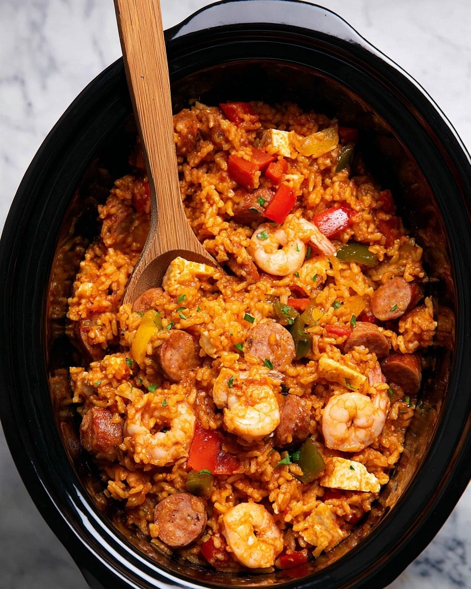A close-up of a white bowl filled with three layers of food: the base layer is orange-red rice mixed with small green and red pieces, the middle layer has pink shrimp and brown sausage slices with yellow and green bell pepper chunks, and the top layer is sprinkled with small green herb pieces. A silver fork is placed inside the bowl on the right side, and the background features a white marbled texture with part of another white bowl visible nearby. The photo taken with an iphone --ar 4:5 --v 7