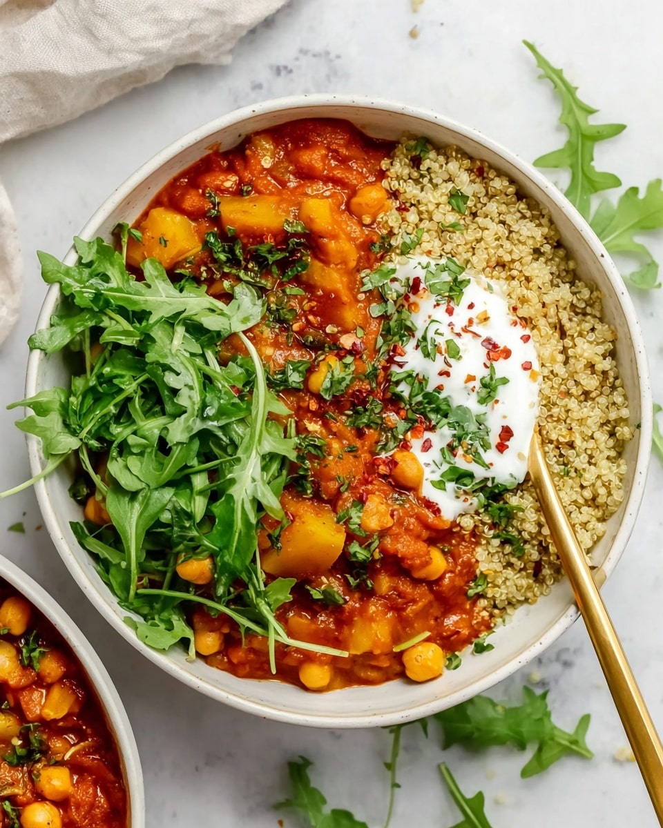 A white bowl filled with three main layers: on the left, a rich orange-red stew with visible chickpeas and chunks of soft yellow squash, topped with chopped green herbs; on the right, a serving of light beige cooked quinoa sprinkled with small green herbs and red pepper flakes; and fresh bright green arugula leaves placed on top, mostly covering the quinoa. A dollop of white creamy sauce with herbs and red pepper flakes sits between the stew and quinoa. A gold spoon rests inside the bowl with some stew on it. The bowl is on a white marbled surface with some loose arugula leaves around. photo taken with an iphone --ar 4:5 --v 7