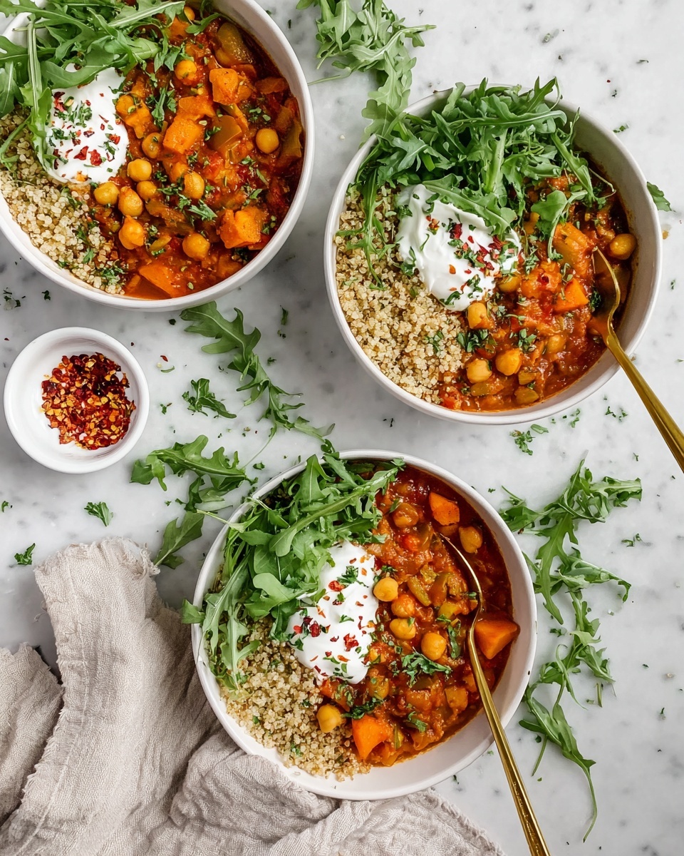 A white bowl filled with a thick orange stew containing chunks of yellow vegetables and chickpeas, layered on the left side. On the right side, there is a scoop of light beige quinoa, topped with a dollop of white yogurt sprinkled with red flakes and green herbs. Fresh bright green arugula leaves are placed on top of the quinoa, covering part of the stew. A gold spoon rests inside the bowl, with its handle leaning out. The bowl sits on a white marbled surface with a light beige cloth nearby. In the background, blurred white bowls hold similar stew dishes. Photo taken with an iphone --ar 4:5 --v 7