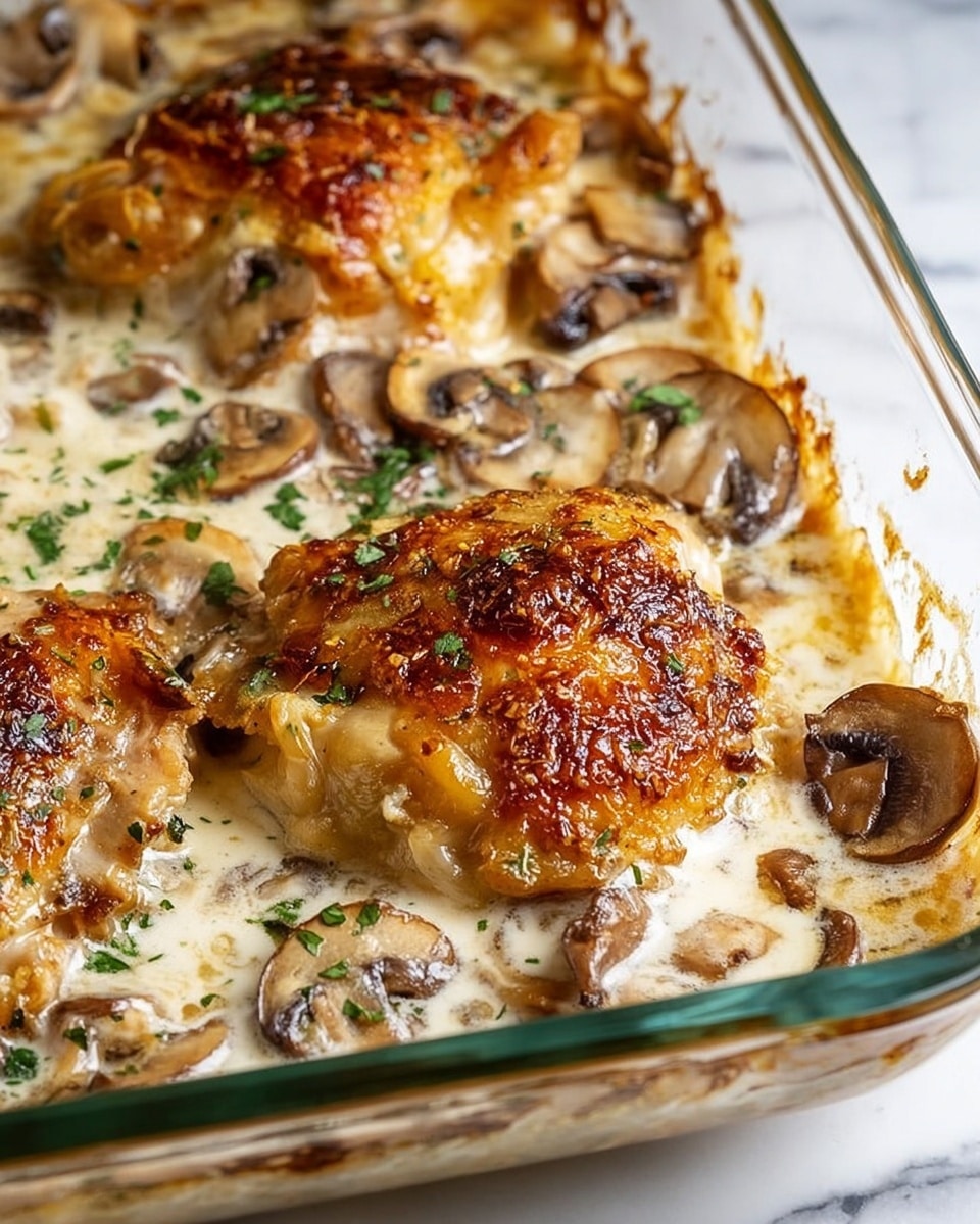 A close-up of a white baking dish filled with a creamy rice casserole. The dish has a layer of soft, light brown cooked rice mixed with small, dark brown mushroom slices and topped with golden-brown baked chicken pieces that have a slightly crispy texture and browned spots. The creamy sauce beneath and around the rice is pale, with bits of green herbs sprinkled on top. A spoon holds a scoop of the casserole, lifting a piece of chicken along with the rice mix. The dish is placed on a white marbled surface. Photo taken with an iphone --ar 4:5 --v 7