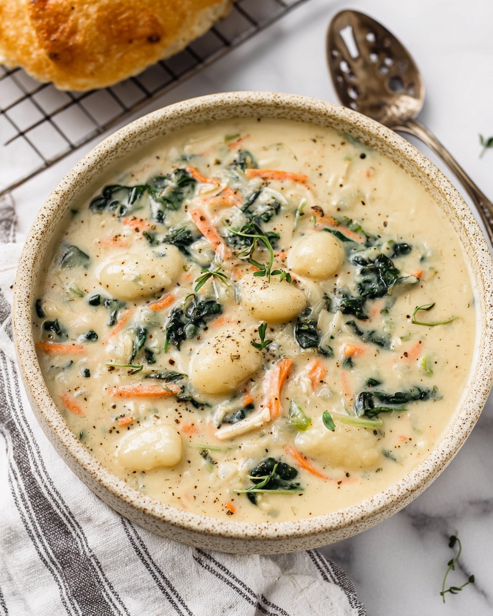 A close-up view shows a ladle lifting creamy white soup filled with soft, plump gnocchi, shredded light beige chicken pieces, thin orange carrot strips, small green spinach leaves, and bits of green celery. The soup looks thick and smooth, with a creamy texture covering all the ingredients. The ladle has a golden handle, and the soup is inside a white bowl with a red exterior. The background surface is white marbled, keeping the focus on the warm, colorful soup. photo taken with an iphone --ar 4:5 --v 7