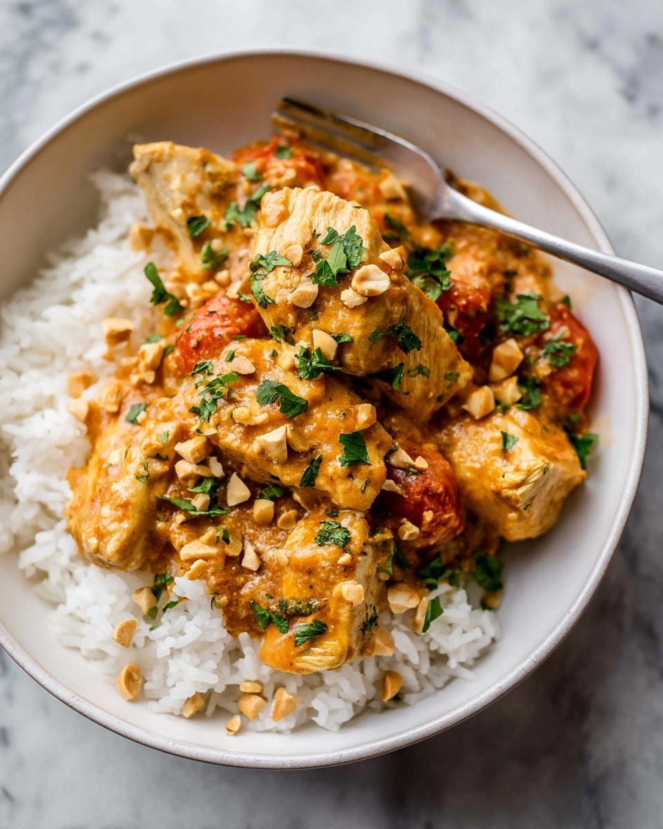 This image shows a close-up view of three thick pieces of cooked chicken, covered in a rich, creamy orange sauce with small bits of cooked ingredients mixed in. The chicken and sauce are in a black pot with slightly rough edges, and small green chopped herbs are sprinkled on top, adding a fresh contrast to the warm colors of the sauce and chicken. The surface below the pot is a white marbled texture. photo taken with an iphone --ar 4:5 --v 7