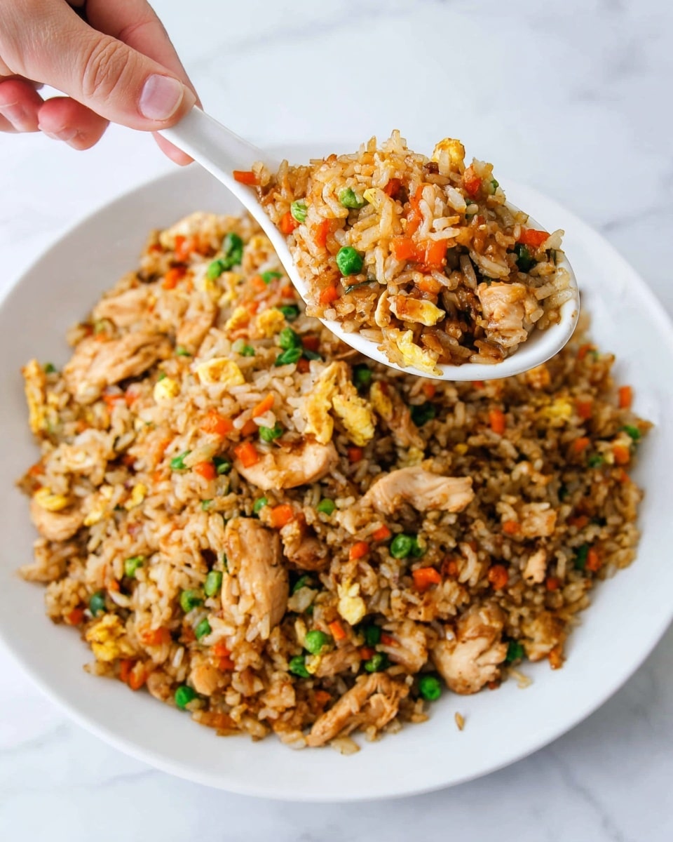 A white round plate filled with a single large layer of fried rice mixed with small orange carrot cubes, green peas, scrambled egg bits, and tender light brown chicken pieces spread evenly throughout. A white ceramic spoon holds a scoop of this fried rice close to the top right, showing a mix of shiny, slightly oily rice grains, bright green peas, orange carrots, and chicken chunks. A woman's hand is holding the spoon, lifting the rice above the plate. The surface beneath the plate has a white marbled texture. Photo taken with an iphone --ar 4:5 --v 7