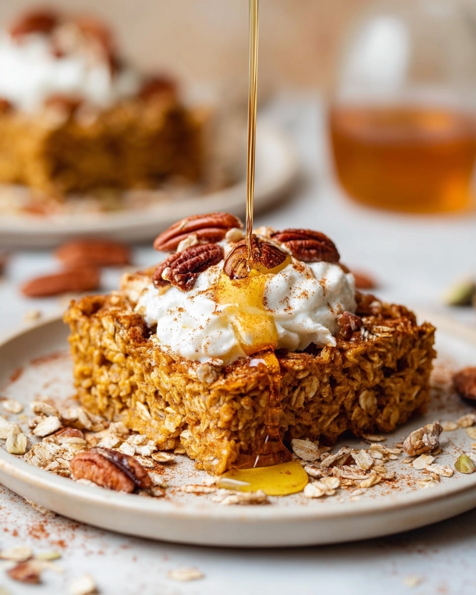 A square piece of golden-brown baked oatmeal rests on a white round plate, topped with a dollop of white cream and scattered with small pieces of toasted pecans. The oatmeal has a textured surface with visible oats and pecans mixed in. Light amber syrup is pooled around the oatmeal, with a light dusting of cinnamon powder sprinkled over the plate. To the right of the oatmeal, a wooden-handled spoon sits on the plate, holding a smaller piece of the baked oatmeal. The plate is placed on a white marbled surface with scattered oats, pecans, and cinnamon powder nearby, along with small bowls containing oats and pecans. A blue cloth napkin is partially visible at the bottom right corner. Photo taken with an iphone --ar 4:5 --v 7