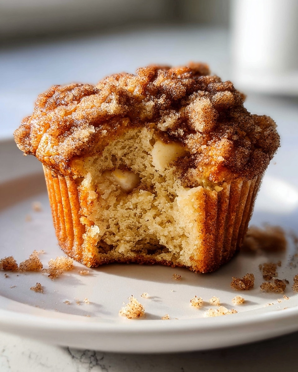 A close-up of a single muffin with a crumbly brown sugar and cinnamon topping, sitting on a white plate on a white marbled surface. The muffin is golden inside with visible small chunks of apple mixed throughout. The textured top is rough and uneven with a darker brown color from the cinnamon sugar, and a bite is taken from the muffin's side revealing the soft, moist inside with crumb pieces scattered around the plate. Photo taken with an iphone --ar 4:5 --v 7