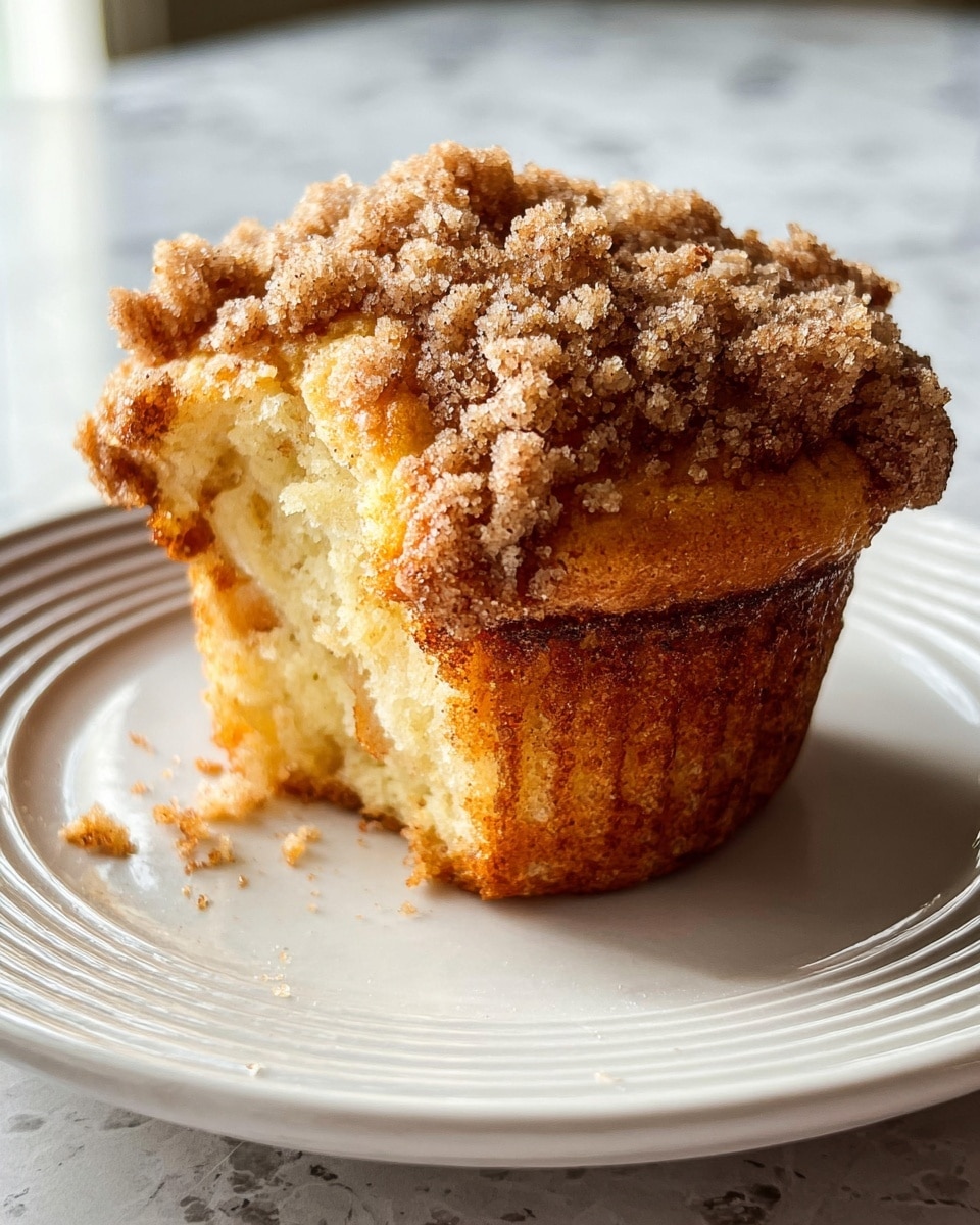 A close-up image of a single muffin with a crumbly topping sits on a white plate with circular ridges. The muffin has three visible layers: the bottom layer is a baked golden-brown crust that wraps around the sides; the middle layer is a soft, light yellow cake with a slightly moist texture and small pieces of apple inside; the top layer consists of a rough, crumbly streusel topping sprinkled with sugar and cinnamon, giving it a light brown color with a grainy texture. There are a few small crumbs scattered on the plate near the muffin. The background has a white marbled texture, and natural light highlights the details of the muffin. Photo taken with an iphone --ar 4:5 --v 7