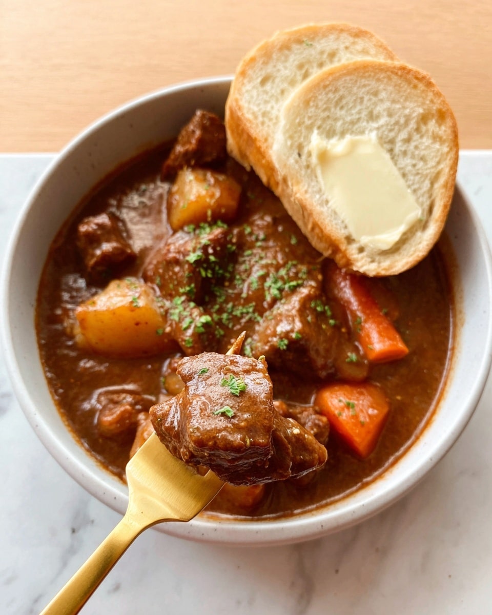 A white bowl filled with thick brown stew showing chunks of tender meat, soft potatoes, and carrots in a rich, smooth sauce, topped with small green herb pieces. Two slices of golden brown bread spread with creamy butter rest on the edge of the bowl. In front, a gold fork holds a bite-sized piece of meat, glistening with sauce. The bowl is set on a white marbled surface. Photo taken with an iphone --ar 4:5 --v 7