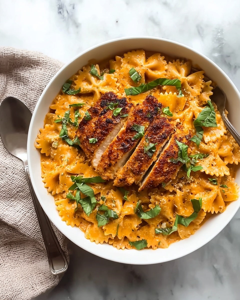 A white bowl is filled with a creamy orange pasta sauce with farfalle pasta layered all around the bowl. On top sits a sliced, browned piece of seasoned chicken with a crispy texture. Bright green chopped basil leaves are scattered over the chicken and pasta, adding a fresh contrast. The bowl is placed on a white marbled surface next to a silver spoon and a light brown textured cloth. Photo taken with an iphone --ar 4:5 --v 7