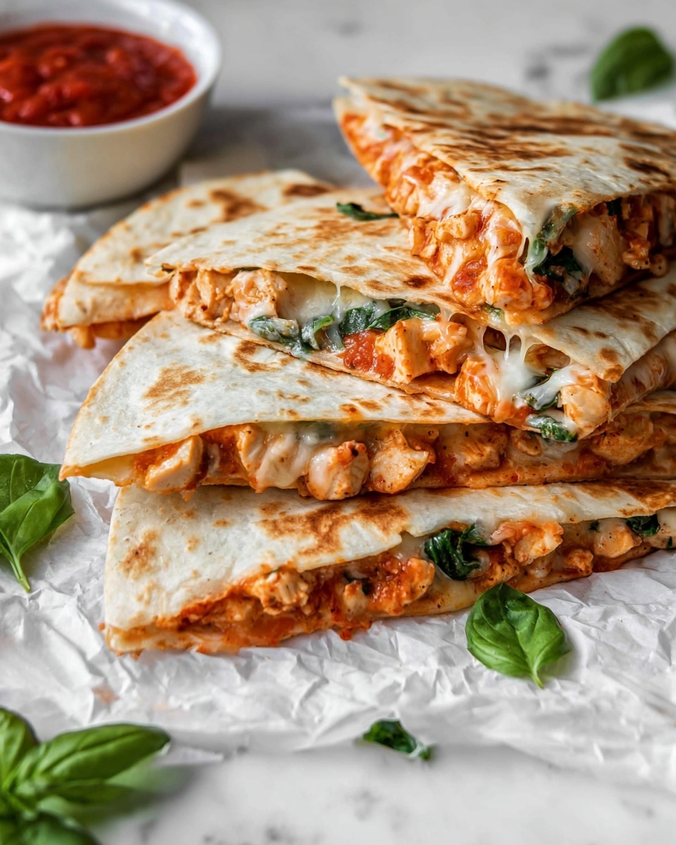 Italian Quesadillas with Chicken, Basil, and Mozzarella Recipe 5 This image shows several folded quesadilla slices stacked on white crumpled paper over a white marbled surface. Each quesadilla has a golden-brown, grilled outer tortilla layer with specks of darker grilled spots. Inside, there is a creamy orange filling mixed with bits of chicken and melted cheese, along with bright green chopped spinach leaves scattered throughout. The quesadillas are garnished with small sprigs of fresh green herbs on top. To the right, a small white bowl holds red tomato salsa, and on the left, another small white bowl with shredded white cheese is partially visible with fresh spinach leaves nearby. photo taken with an iphone --ar 4:5 --v 7