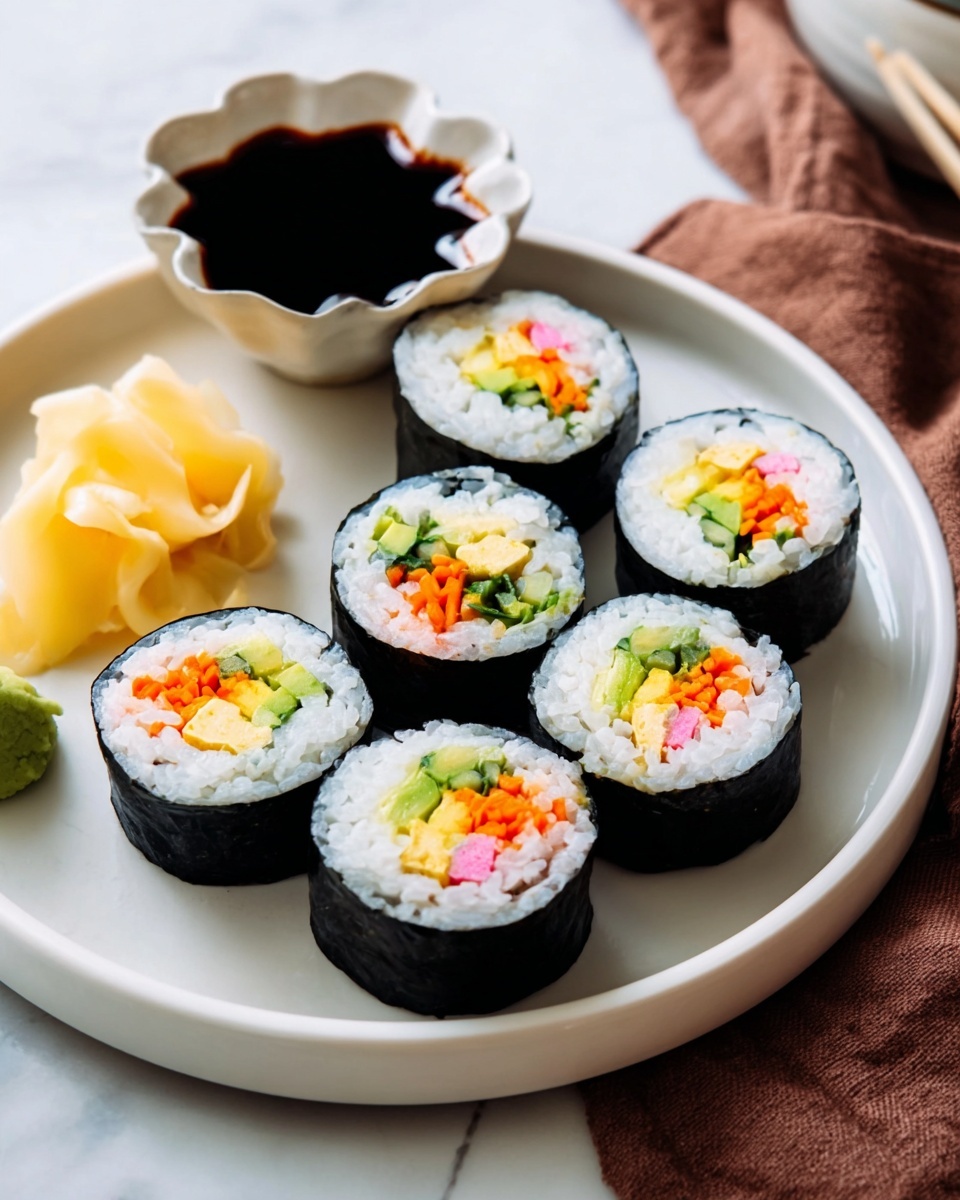 Six sushi rolls are neatly arranged on a white plate with a sauce dish shaped like a flower holding dark soy sauce at the top left. Each sushi roll has four visible layers: a black seaweed outer layer, a thick white rice layer, and inside colorful layers of green avocado, orange carrot, light yellow tofu, and some pink pickled vegetables. To the left side of the plate, there is a small pile of light yellow pickled ginger. The plate is placed on a white marbled surface with a brown cloth napkin to the right. Photo taken with an iphone --ar 4:5 --v 7