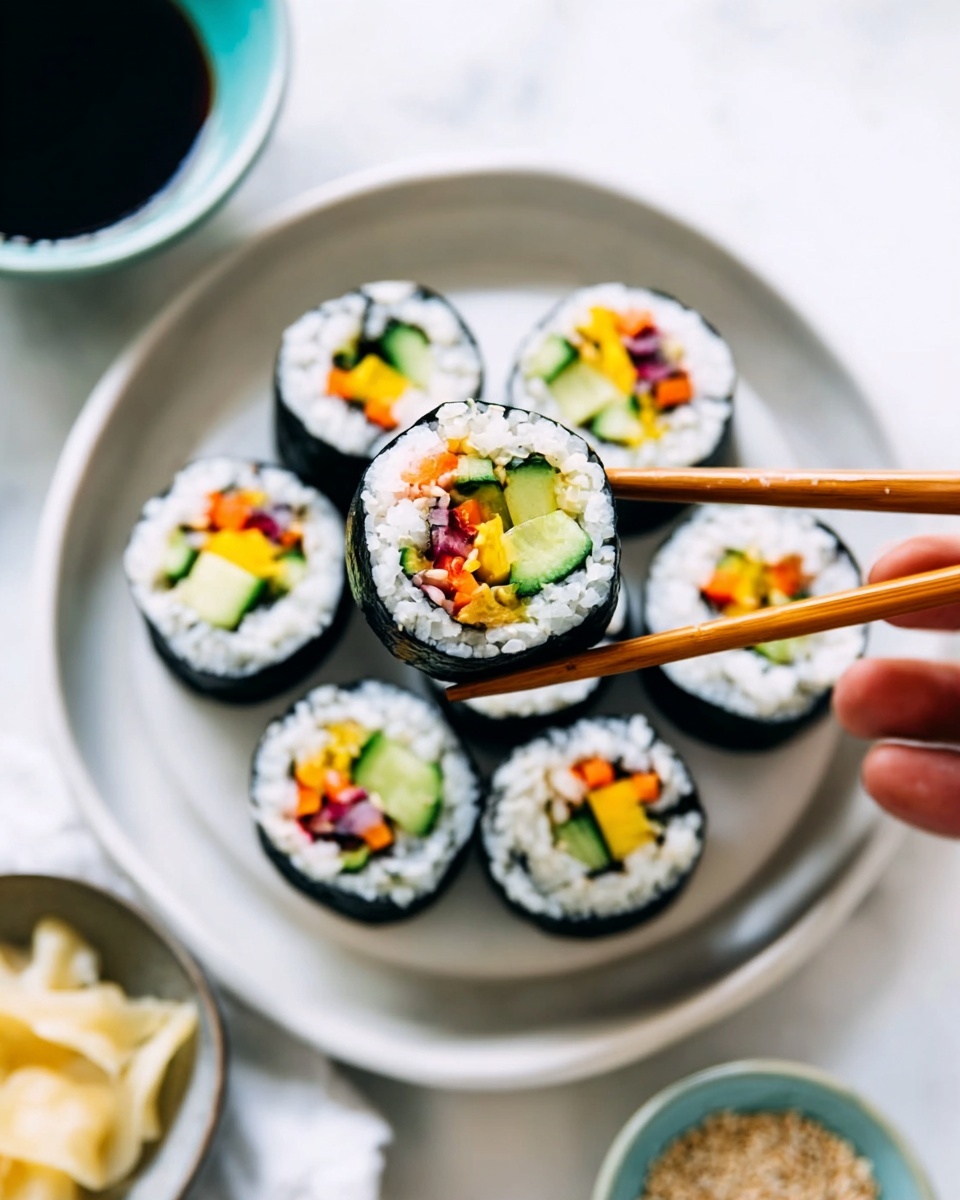The image shows two plates of sushi rolls, each plate with seven pieces arranged in a circle; the sushi rolls have several layers visible including outer black seaweed, white rice, green avocado, orange carrot, red/pink radish, and light tofu pieces. The upper plate is white, holding seven sushi rolls next to a white small dish with dark soy sauce and a bit of yellow mustard, and some light pickled ginger on the side. The lower plate is black, holding seven sushi rolls arranged similarly with another small white dish filled with dark soy sauce with a bit of mustard on the side, and light pickled ginger nearby. Around the plates, there are small bowls with sauces and sesame seeds on a white marbled surface. Wooden chopsticks rest near the bottom left corner of the image. The overall look is clean, bright, and colorful, with different textures like smooth avocado, soft rice, and crunchy vegetables. Photo taken with an iphone --ar 4:5 --v 7