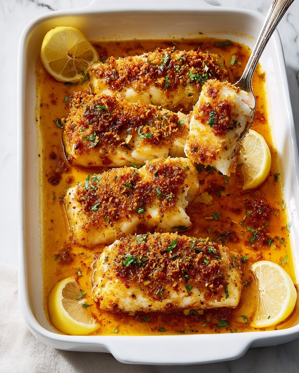 The image shows four cooked fish fillets arranged side by side in a white baking dish with dark edges. Each fillet has a golden-brown crust with browned garlic bits and herbs sprinkled on top. Two lemon wedges with bright yellow color are placed between and near the fillets, adding a fresh touch. The fillets sit in a shallow pool of browned butter or sauce that has a rich, oily shine and darker browned spots around the edges. The background surface is white with a marbled texture. photo taken with an iphone --ar 4:5 --v 7