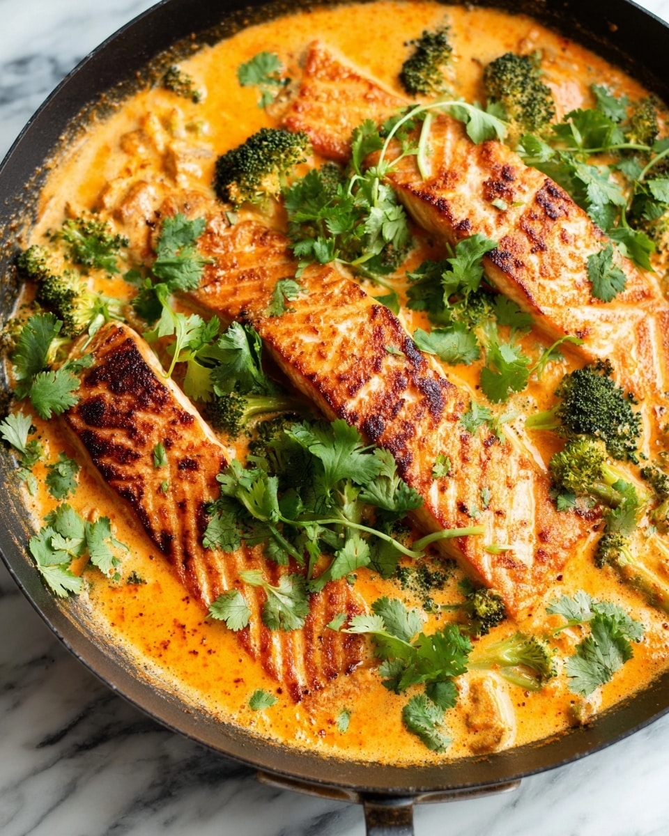 The dish shows four pieces of grilled salmon with a golden brown color and grill marks, resting in a thick, creamy orange sauce that covers the bottom of a black skillet. Bright green broccoli florets are mixed into the sauce, adding texture and color beside the salmon. Fresh cilantro leaves are sprinkled generously on top, giving a fresh green contrast over the warm orange sauce and fish. The background is a white marbled surface. photo taken with an iphone --ar 4:5 --v 7