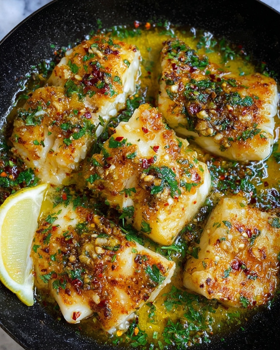 The image shows five pieces of cooked white fish with a golden brown, crispy top layer covered in small bits of garlic and herbs. The fish is in a black pan with a shiny golden oil sauce mixed with green herb leaves and red chili flakes scattered on top. At the bottom left, there is a half lemon adding bright yellow color to the dish. The fish pieces are arranged close together with some herbs sprinkled over them, giving a fresh touch. The background is a white marbled texture. photo taken with an iphone --ar 4:5 --v 7