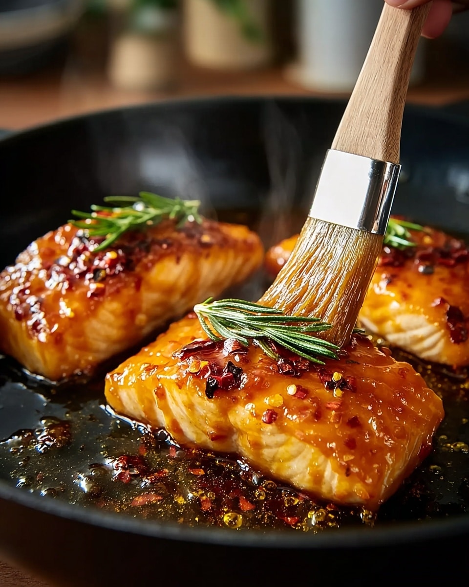 Three pieces of cooked fish fillets with a shiny, glazed orange-brown sauce sit in a black pan. Each fillet has small dark red chili flakes sprinkled over it, adding texture and depth. A green rosemary sprig lies on one fillet, giving a fresh contrast in color. A wooden brush held by a woman's hand is spreading more glaze over the fillets, with small steam wisps rising from the heat. The black pan surface has some sauce drops and bits of seasoning around the fillets. The background shows a soft, blurred kitchen scene with warm tones in the distance. photo taken with an iphone --ar 4:5 --v 7