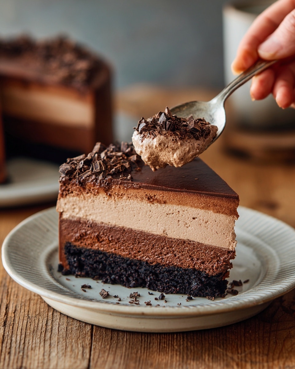 The image shows a slice of chocolate mousse cake on a white decorative plate with a textured edge. The cake has four visible layers: a dark, crumbly chocolate base at the bottom, followed by a thick light brown mousse layer, then a denser, darker chocolate layer, and finally a smooth shiny chocolate glaze on top with some chocolate crumbs sprinkled on one side. There is an impression made by a woman's hand that took a bite from the front edge of the slice. The background is a white marbled texture with the rest of the cake visible behind the slice. photo taken with an iphone --ar 4:5 --v 7