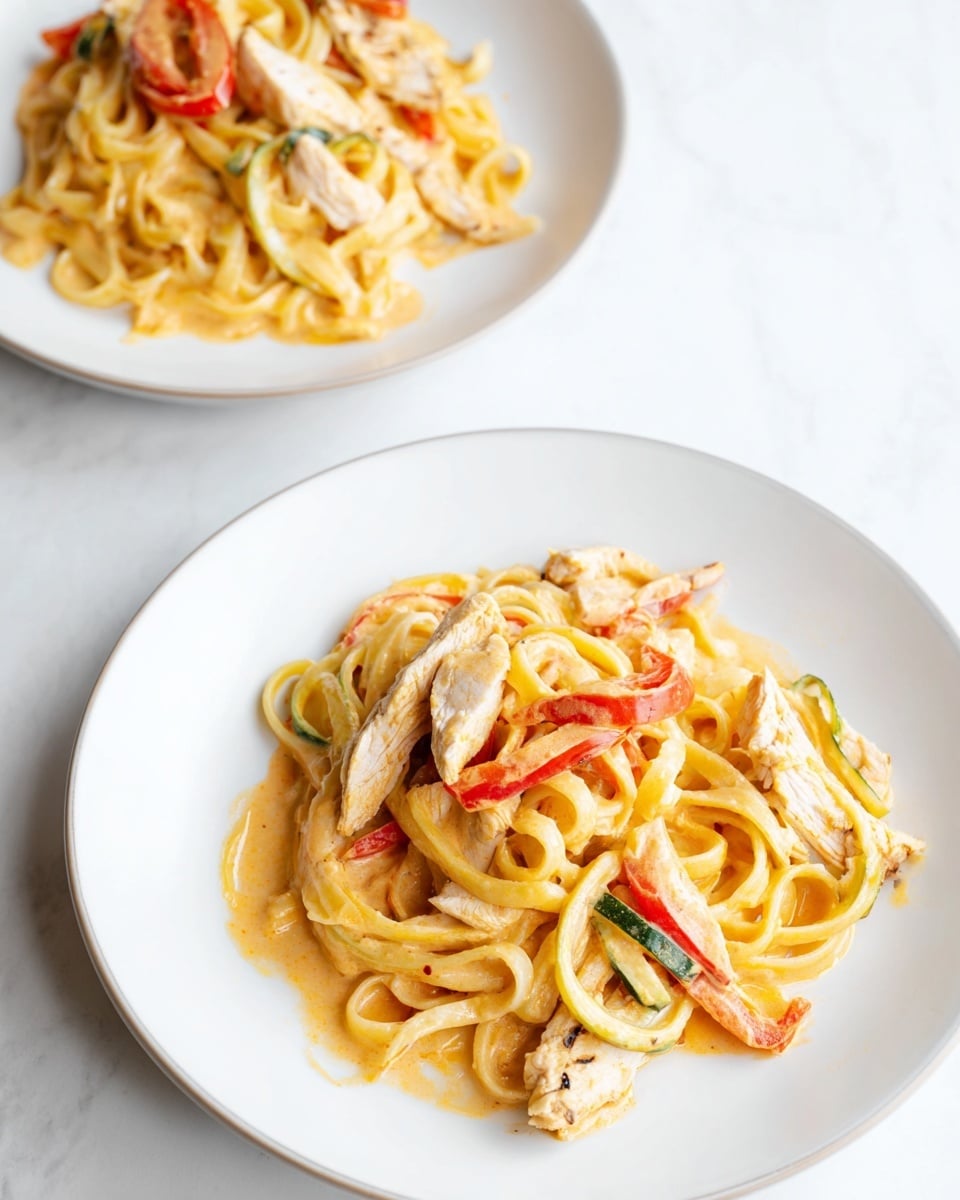 Haitian Spaghetti with Epis, Hot Dogs, and Hard-Boiled Eggs Recipe 6 A serving of creamy pasta is placed in the center of a white plate. The pasta consists of thick, flat noodles coated in light orange sauce. Mixed in the pasta are small slices of green and red bell peppers, lightly cooked and maintaining a fresh color. On top, a grilled shrimp with a reddish-brown char and a few small grilled strips of light brown chicken sit visible. A golden fork rests on the right side of the plate. The background shows a white marbled surface. photo taken with an iphone --ar 4:5 --v 7