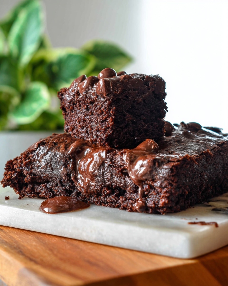 Healthy Banana Brownies Recipe 5 There is a thick, dark brown square brownie resting on white parchment paper on a wooden board, topped with two uneven layers: the bottom looks slightly rough and dense, while the top is glossy with many round chocolate pieces melted unevenly across the surface. In the background, there is a small green leafy plant in a cream pot on a white marbled texture, and a glass bottle filled with light-colored milk with a golden straw, set beside a folded yellow cloth. The overall setting feels bright and clean. photo taken with an iphone --ar 4:5 --v 7