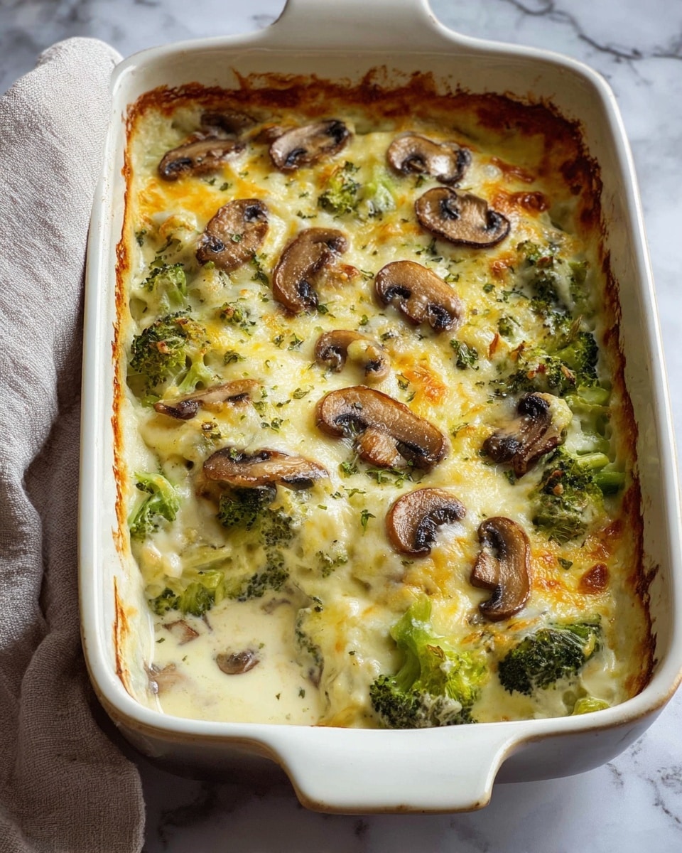 The image shows a baked dish in a white ceramic rectangular baking dish filled with layers of creamy sauce, green broccoli pieces, and golden melted cheese. The top layer is bubbly and browned with slices of cooked mushrooms scattered on it. The creamy sauce around the edges looks rich and smooth, with some herbs sprinkled on top adding a touch of green. The background is a white marbled surface, and the corner of a light-colored cloth is visible on the side. photo taken with an iphone --ar 4:5 --v 7