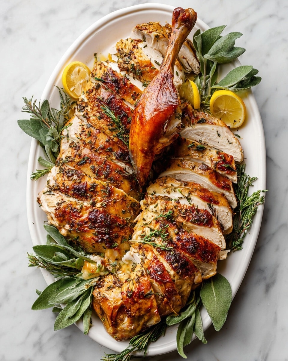 A whole roasted chicken with golden-brown skin covered in dark herbs sits in the middle of a white plate. The chicken shows a shiny, crispy texture with two legs crossed at the top right. Around the chicken, there are green leaves, small sprigs of herbs, and slices of yellow lemon at the bottom layer. The plate is placed on a white marbled surface. photo taken with an iphone --ar 4:5 --v 7