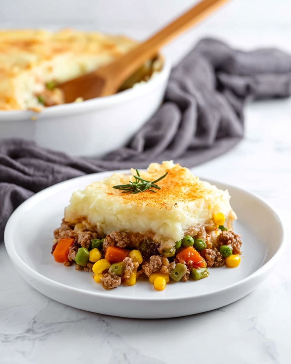 The image shows a white plate with one serving of shepherd's pie. The dish has two layers: the bottom layer is a mix of cooked ground meat, bright orange carrot cubes, yellow corn kernels, and green peas, all in a light brown sauce; the top layer is creamy mashed potatoes with a light golden dusting of seasoning on top. The plate holds a silver fork on the right side, and a woman's hand is holding the plate on the left. In the background, there is a round white baking dish with the remaining shepherd's pie and a wooden spoon resting inside. The whole scene is set on a white marbled surface with a gray cloth and a sprig of rosemary nearby. Photo taken with an iphone --ar 4:5 --v 7