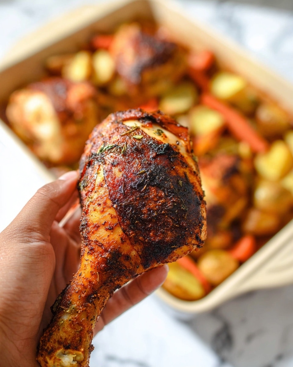 A close-up of a woman's hand holding a cooked chicken leg with a dark, crispy, and slightly charred skin, showing rich brown and blackened spice textures. In the background, there is a white baking dish filled with more roasted chicken pieces and mixed roasted vegetables like carrots and potatoes, placed on a surface with a white marbled texture. Photo taken with an iphone --ar 4:5 --v 7