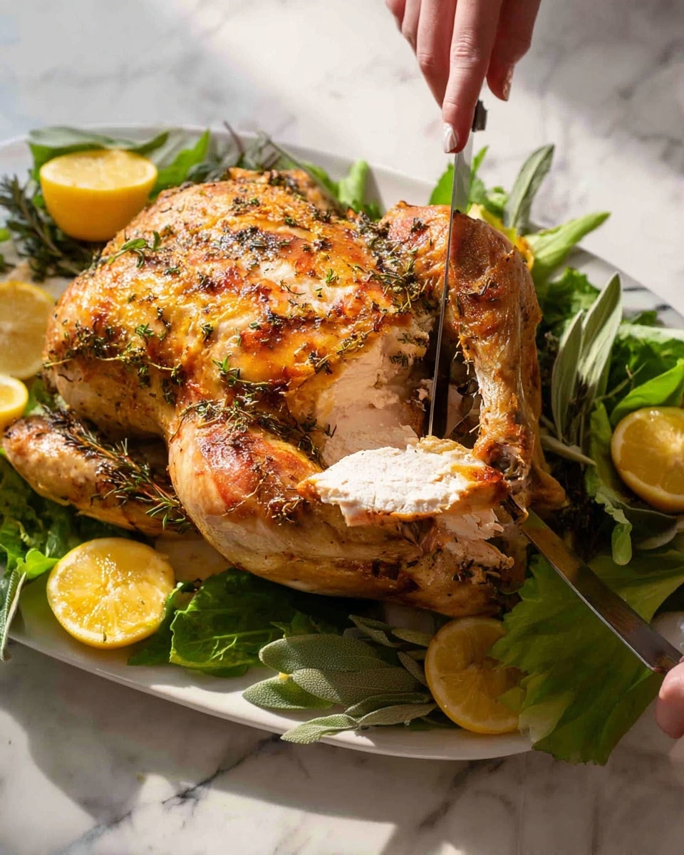 A whole roasted chicken with golden brown, crispy skin is placed in the center of a white rectangular plate. Surrounding the chicken are fresh green herbs and dark green leafy greens, arranged as a bed under and around it. Bright yellow lemon halves and whole garlic cloves are scattered among the greens, along with a whole green apple positioned near the top of the plate. The chicken's legs are crossed and pointing toward the bottom center of the plate. The setting is on a white marbled surface with a soft blue-gray cloth partially visible at the top right corner. Photo taken with an iphone --ar 4:5 --v 7