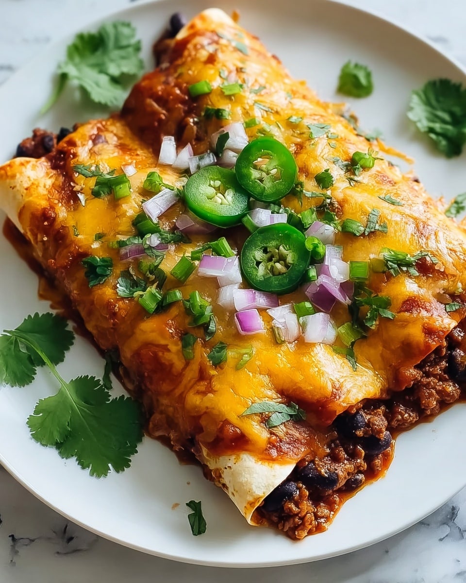 A black rectangular baking dish holds a row of seven rolled tortillas filled and covered with a chunky red sauce. The top layer is golden melted cheese, mixed white and yellow, sprinkled evenly across the dish. Fresh green cilantro leaves are scattered on top for color. The dish sits on a blue and white checkered cloth over a white marbled surface. The edges of the tortillas peek out, showing a soft and slightly toasted texture, with the sauce bubbling lightly around them. Photo taken with an iphone --ar 4:5 --v 7