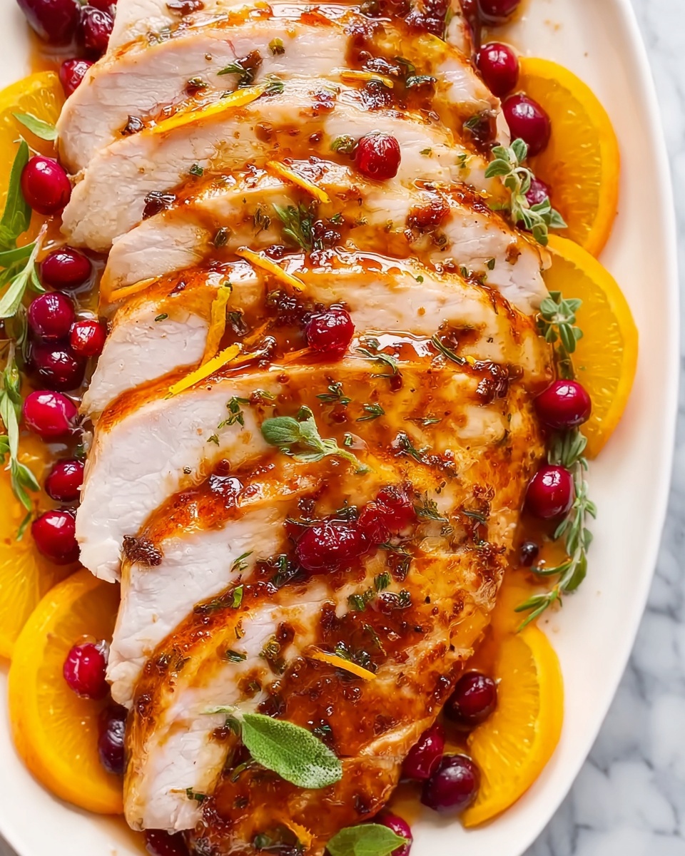 The image shows thinly sliced cooked white meat layered closely on a white plate. The meat has a smooth texture with a light brown glaze covering the top, shining slightly. Bright red berries and small green leafy herbs are scattered across the meat. Thin orange peel strips add color on the surface. The plate is partially edged with thin orange slices. The background is a white marbled surface. photo taken with an iphone --ar 4:5 --v 7