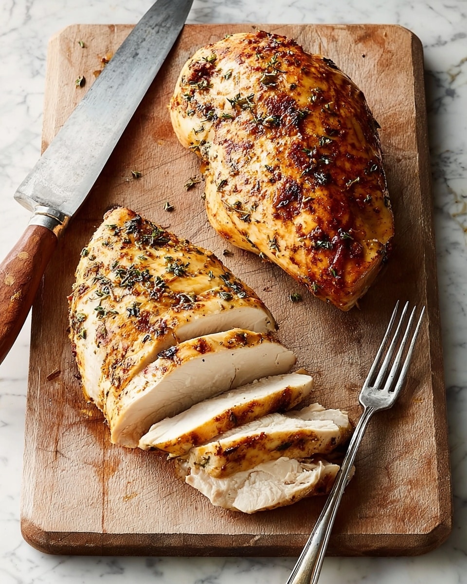 Two cooked turkey breasts rest on a wooden cutting board placed on a white marbled surface. One turkey breast is whole and golden brown with visible herbs on top. The other breast is partially sliced into thick, even pieces showing white meat inside with the same golden brown, herb-speckled crust on the outside. A large knife with a wooden handle lies near the sliced turkey, and next to the whole breast is a metal fork with a wooden handle. The lighting highlights the juicy and slightly crispy texture of the turkey skin. photo taken with an iphone --ar 4:5 --v 7