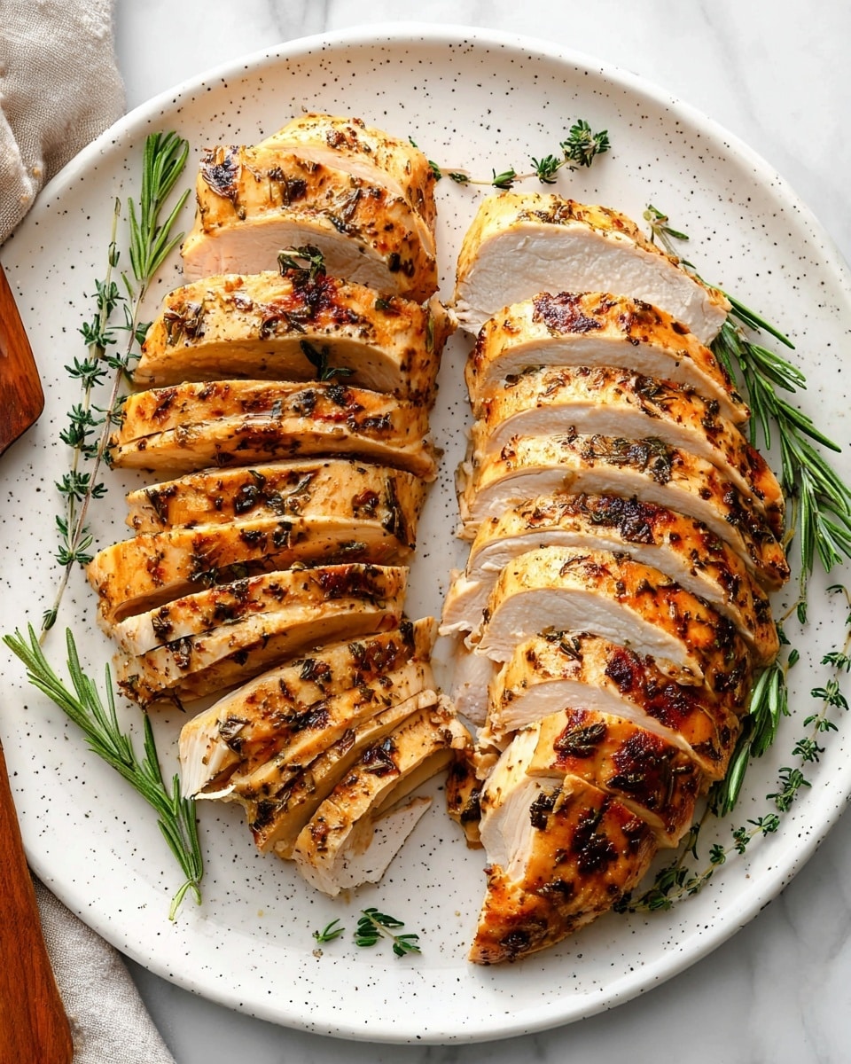The white plate holds three main parts: on the right, four slices of golden-brown cooked chicken with a textured, slightly crispy skin, showing a light pinkish interior; in the middle, a soft, creamy pile of mashed potatoes with a small pat of melted butter on top, sprinkled lightly with black pepper; on the left, sautéed Brussels sprouts mixed with small pieces of browned bacon and diced onions, giving a mix of green, reddish-brown, and translucent colors. A fork and knife with wooden handles rest on the top right edge of the plate. The plate sits on a white marbled surface with some green herbs scattered around. Photo taken with an iphone --ar 4:5 --v 7