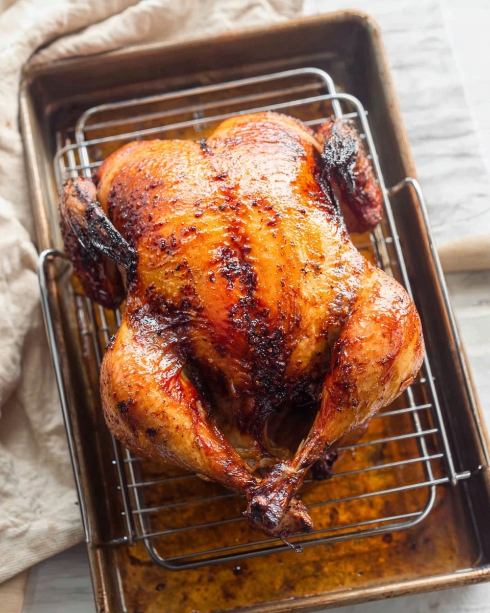 A whole cooked turkey lays flat on a silver wire rack inside a black roasting pan, showing a rich golden-brown skin with darker charred areas on the wings and edges. The turkey's body has a smooth, shiny texture with some seasoning spots visible, and the legs and wings are spread out, giving a clear top view of the entire bird. The pan sits on a surface with a white marbled texture in the background. Photo taken with an iphone --ar 4:5 --v 7