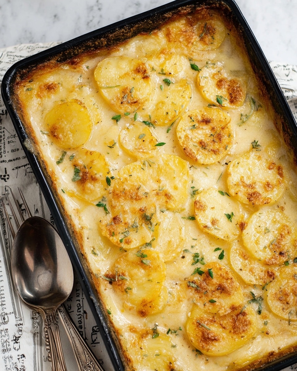 The image shows a baked potato dish in a deep black rectangular pan. The dish has a top layer of thin, round slices of potatoes with a golden-brown crust in places. The texture on top looks soft and creamy with some lightly browned spots. Small bits of green herbs are scattered evenly on the surface. The edges of the pan have some baked-on sauce marks, hinting at a rich and creamy inside. The pan sits on a white marbled textured surface, next to a fork and a large spoon on a white cloth with black text. Photo taken with an iphone --ar 4:5 --v 7
