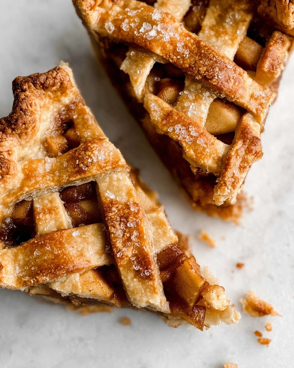 A slice of golden-brown apple pie with a rough, crispy top crust sits on a white plate, revealing soft, warm apple filling inside its thick bottom crust. On top of the pie slice is a smooth, creamy scoop of vanilla ice cream that is starting to melt a little, with visible vanilla bean specks. Next to the pie slice on the plate is a small silver fork. The scene is set on a white marbled surface with a blurred whole pie in the background. Photo taken with an iphone --ar 4:5 --v 7