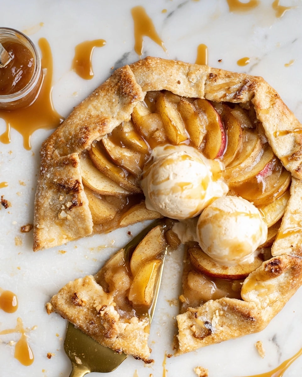 A rustic apple galette with one slice being lifted by a gold spatula, showing thick, golden-brown crust folded around apple slices. The apples are soft yellow and light brown with some caramelized edges, arranged in a circular pattern. On top of the galette are two scoops of white ice cream, melting slightly and drizzled with light brown caramel sauce. The galette sits on a white marbled surface with some crumbs and caramel drips around, and a jar of caramel sauce in the top corner. Photo taken with an iphone --ar 4:5 --v 7